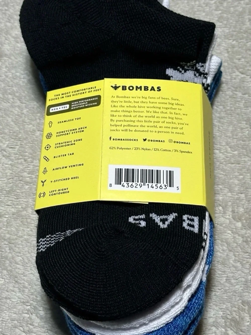 New Unisex Bombas Low-Cut Athletic Socks - Black, Blue, White (3-Pack) SZ M